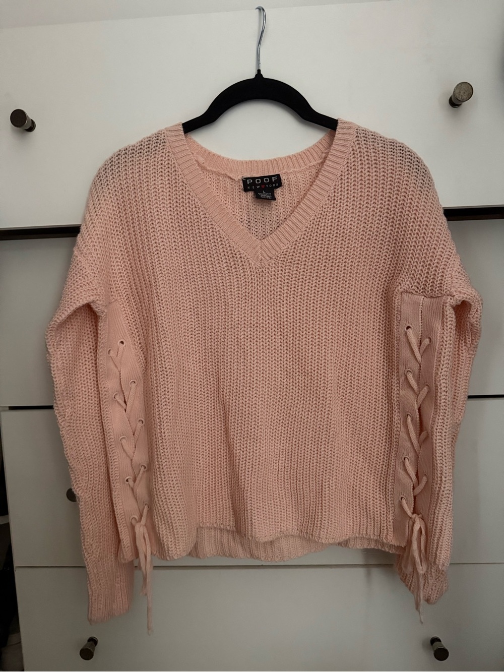 Pink V-Neck Lace-Up Sleeve Sweater
